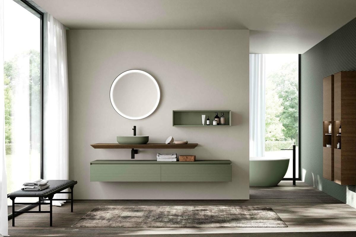 arredo bagno moderno verde salvia con mobile sospeso e lavabo da appoggio 4 emme