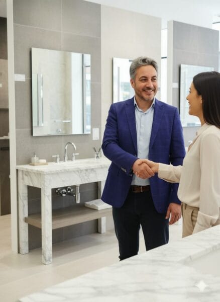 Il team esperto di 4 Emme ti accoglie nello show room arredo bagno Avella per guidarti nella scelta dei materiali perfetti